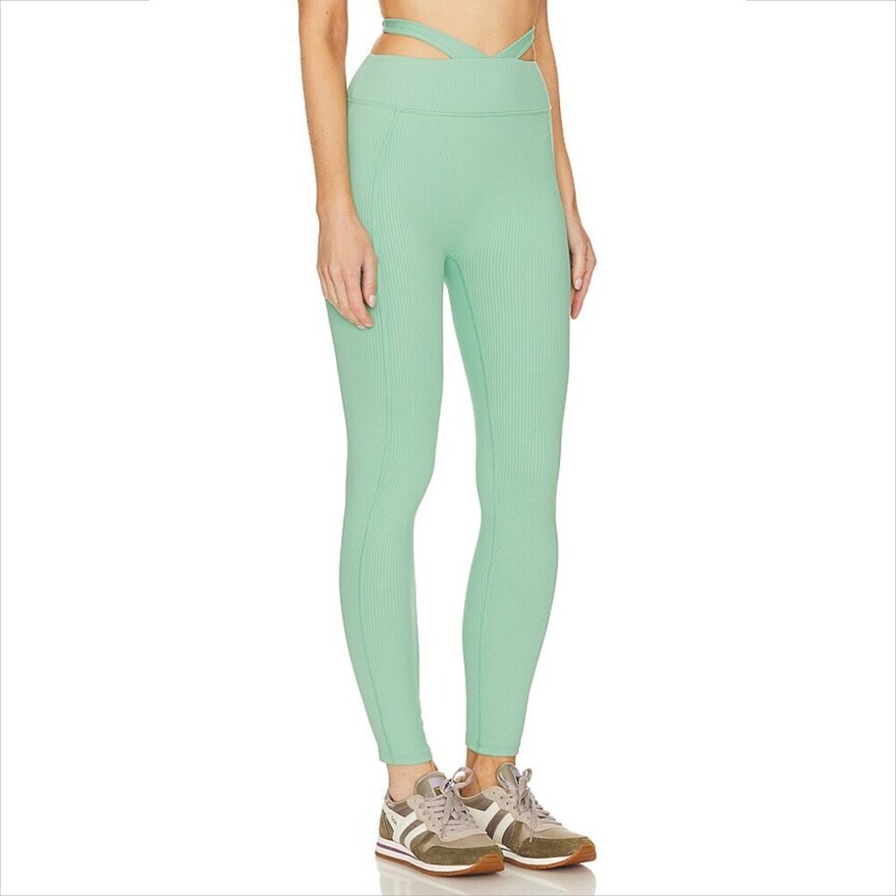 GIGI C Phoebe ribbed leggings sage green waist tie cut-out active yoga new M